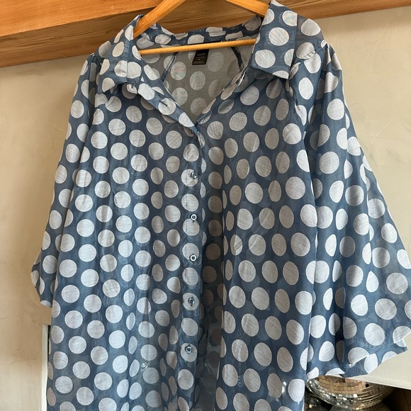 Ashley Stewart Tops - Women’s Oversized Polka-Dot Blues Buttons Down Blouse